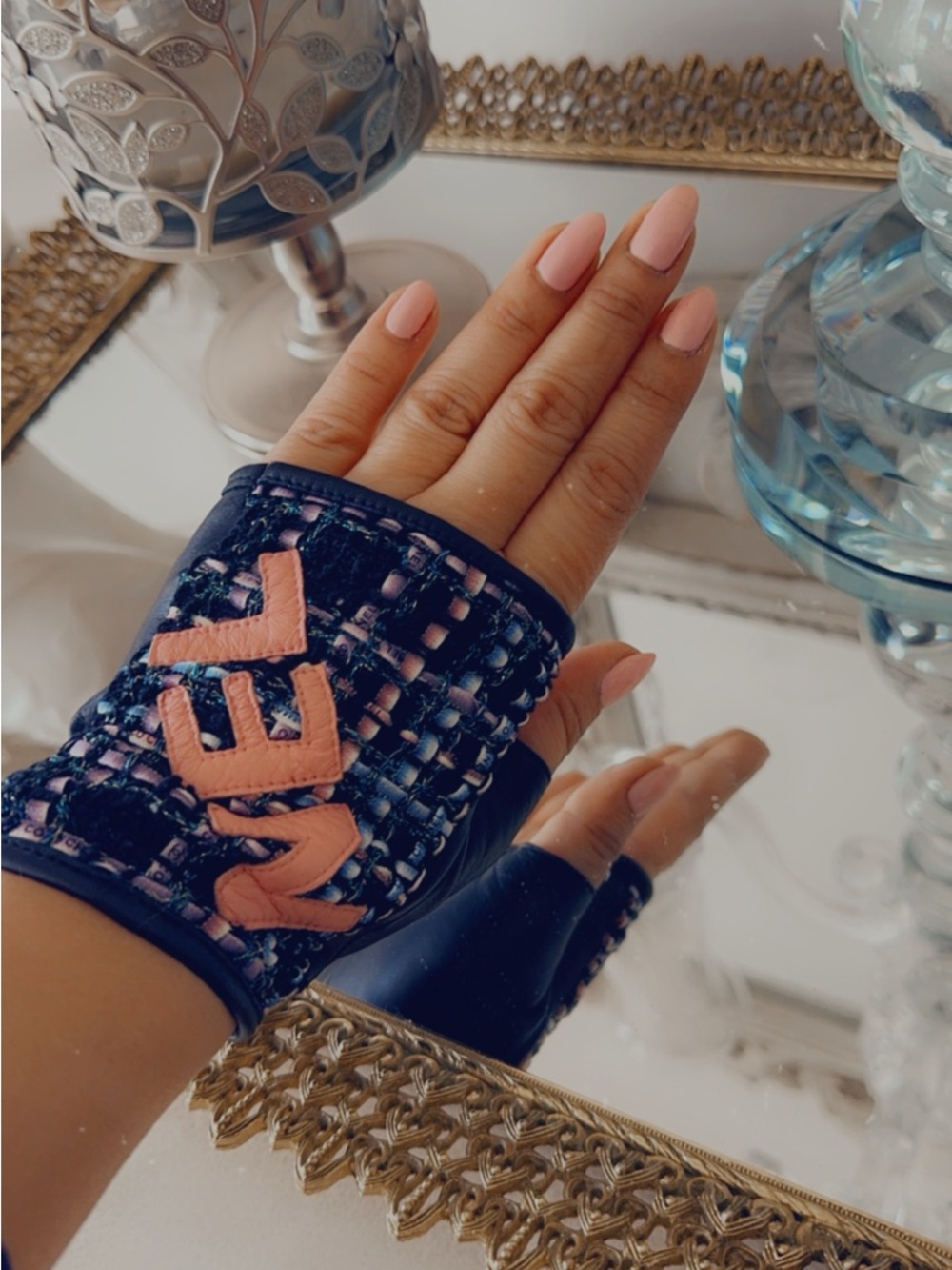 Chanel Pink lettering/tweed and leather Fingerless Gloves